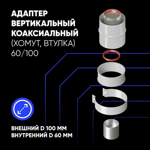 купить за 794 руб, фото Адаптер вертикальный коаксиальный 60/100 (Baxi(кроме ECO Nova/Classic), Ariston, Kiturami, Arderia и др.) хомут+втулка