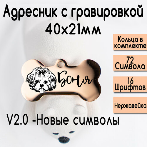 купить за 718 руб, фото Адресник для собак и кошек с гравировкой, размер 40х21mm Розовое золото. Зеркальный (нерж сталь) v2.0