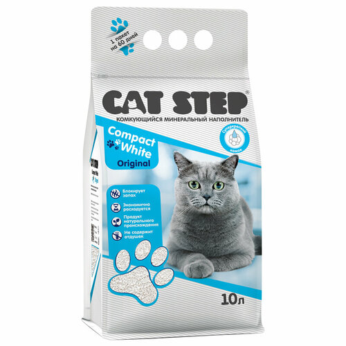 купить за 1144 руб, фото Наполнитель комкующийся минеральный CAT STEP Compact White Original, 10 л