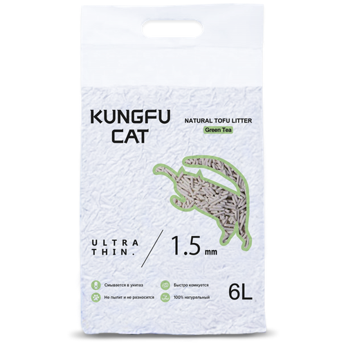 купить за 950 руб, фото Kungfu Cat Green Tea Наполнитель комкующийся для кошачьего туалета Зеленый чай 6л