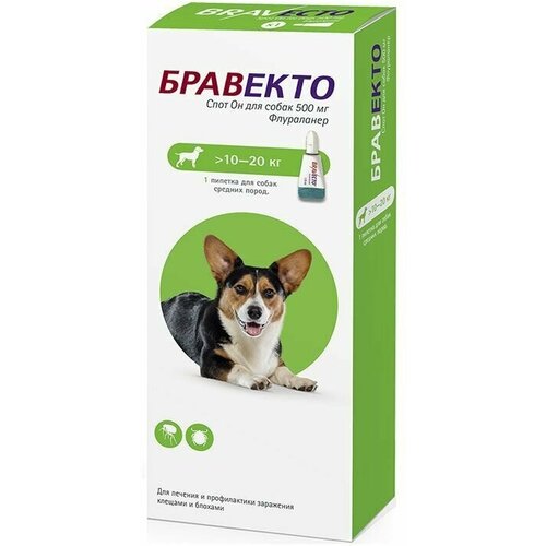 купить за 4500 руб, фото Капли Бравекто Спот Он 500 мг от блох и клещей для собак весом 10-20 кг, 1 пипетка