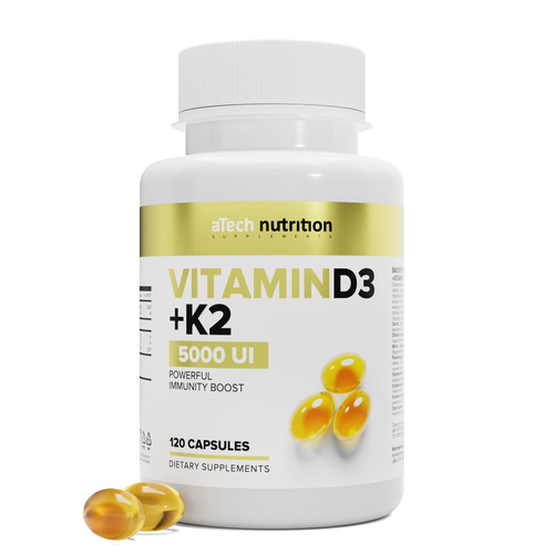 купить за 921 руб, фото Витамин Д3 + К2 5000 МЕ / VITAMIN D3+К2 5000 МЕ 700 мг aTech nutrition 120 капсул