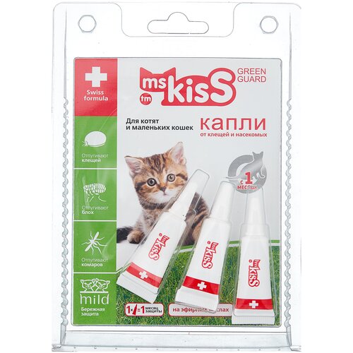 купить за 332 руб, фото Ms.Kiss раствор от блох и клещей Green Guard для котят и кошек от 0.5 до 2 кг 3 шт. в уп.