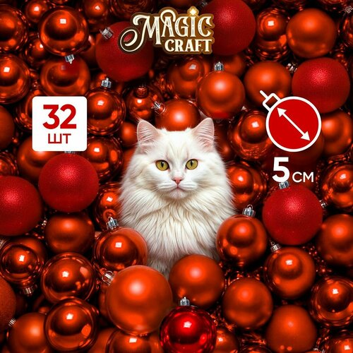 купить за 734 руб, фото Елочные игрушки набор Magic Craft шары подвесные, 32 шт, новогодние украшения, не бьются и не осыпаются, красный