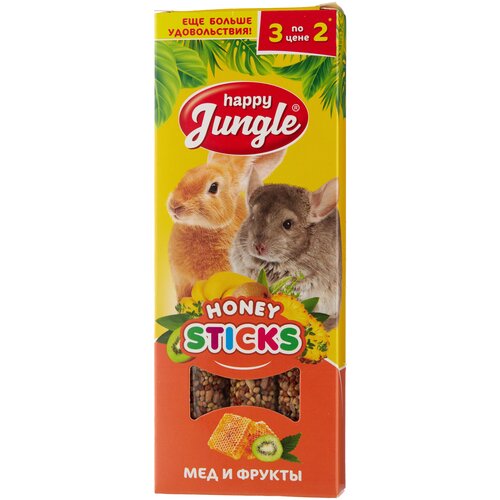 купить за 177 руб, фото Лакомство для кроликов, хорьков, грызунов Happy Jungle Honey sticks Мед и фрукты, 90 г, 3 шт. в уп.