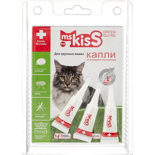 купить за 290 руб, фото Ms.Kiss раствор от блох и клещей Green Guard для котят и кошек от 2 кг 3 шт. в уп.