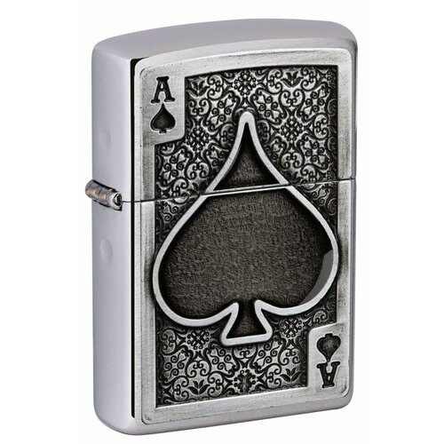 купить за 8635 руб, фото Зажигалка ZIPPO Ace Of Spades с покрытием Brushed Chrome, латунь/сталь, серебристая, 38x13x57 мм