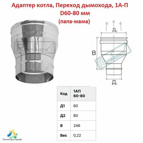 купить за 984 руб, фото Адаптер котла, Переход дымохода, 1А-П D60-80 мм (моно)