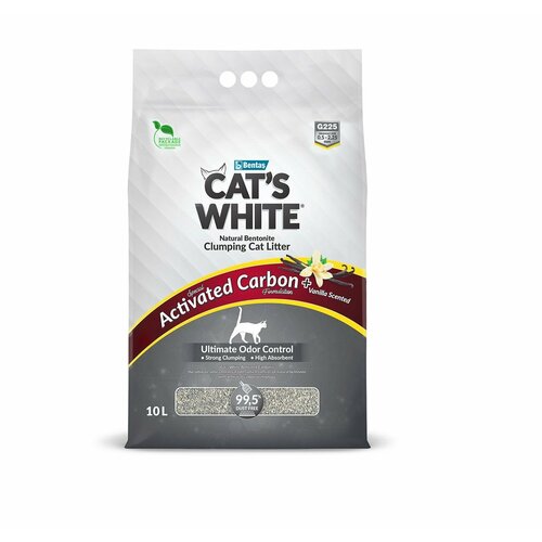 купить за 1385 руб, фото Комкующийся наполнитель Cat's White Activated Carbon Vanilla Ваниль для кошачьего туалета с активированным углем и ароматом 10 л (8.5 кг)