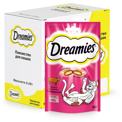 купить за 634 руб, фото Лакомство для кошек  Dreamies Лакомство для кошек Dreamies подушечки, 360 г 6 уп. (шоу бокс) мясо