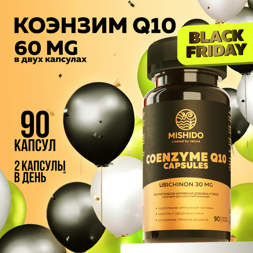 купить за 614 руб, фото Коэнзим Q10 60 мг 90 капсул MISHIDO Coenzyme Q10 витамины для сердца и сосудов, мозга, кожи, волос